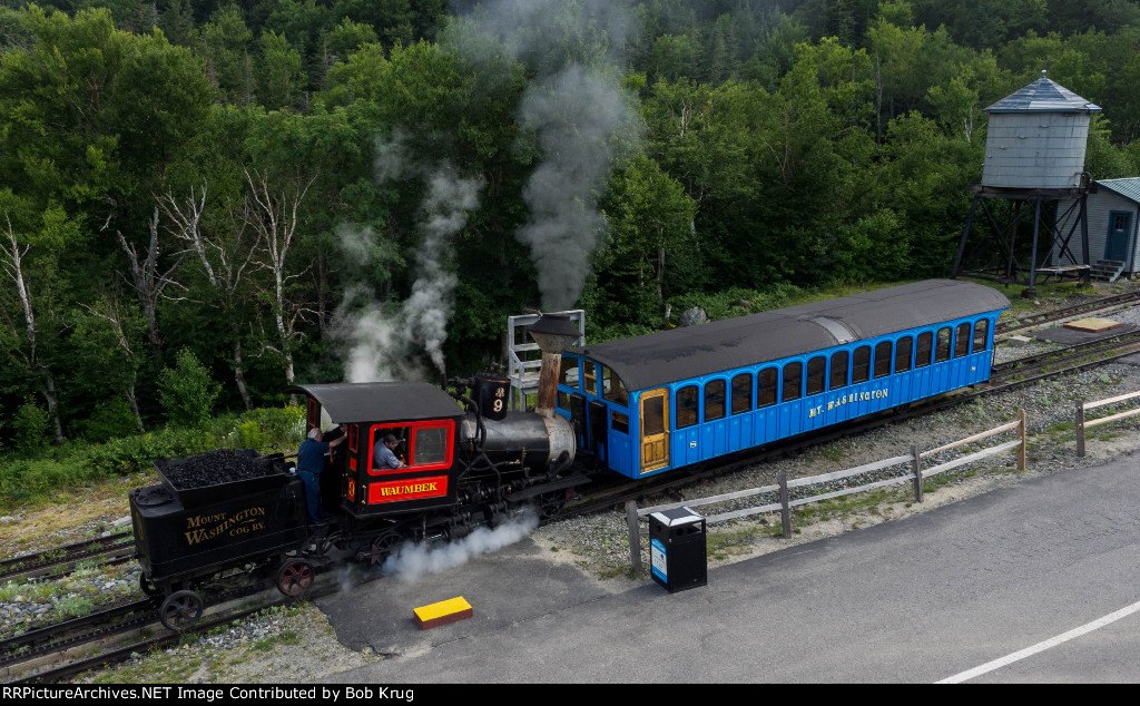 MWCR 9 shoves the first train of the day to the boarding platform